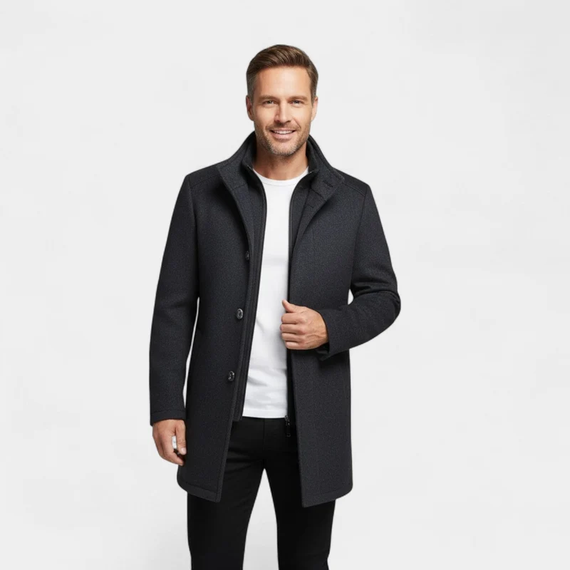 Manteau Mi-Long Homme en Laine avec Col Double Structuré