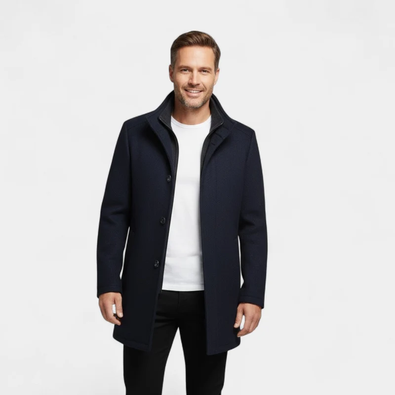 Manteau Mi-Long Homme en Laine avec Col Double Structuré