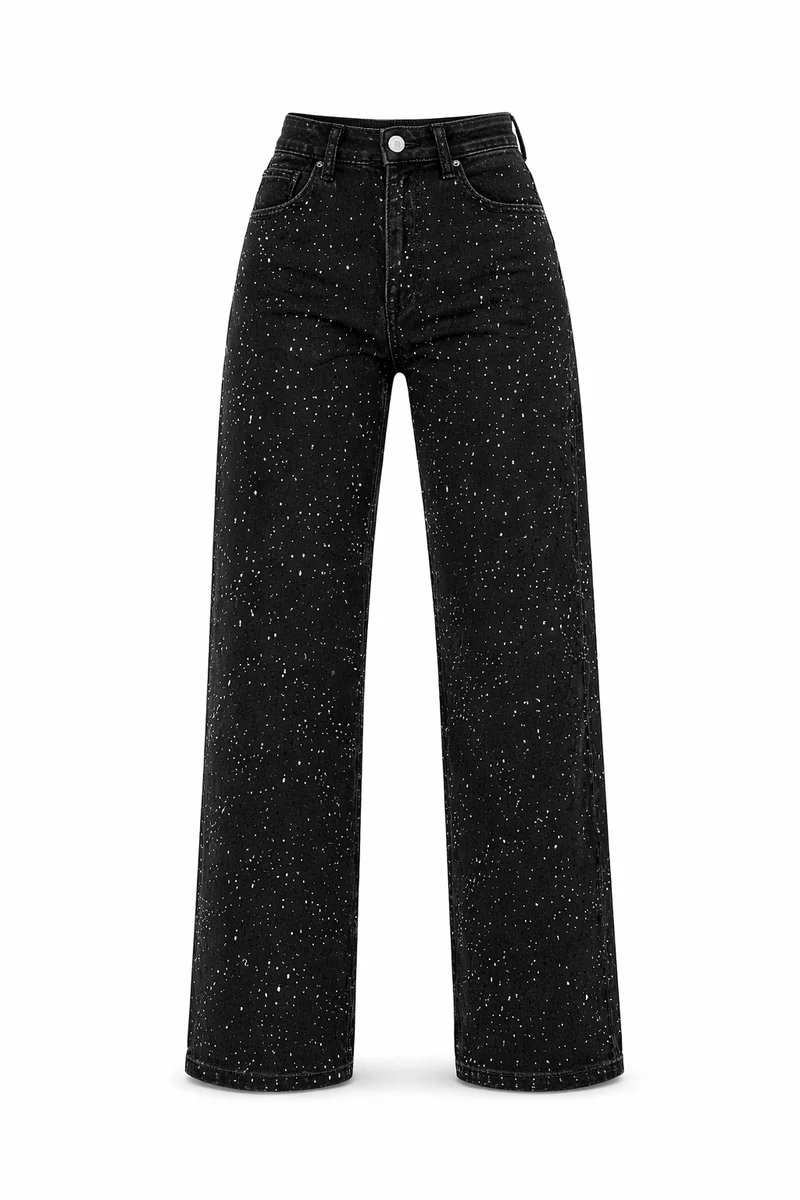 Jean Femme Droit Taille Haute avec Détails en Sequins