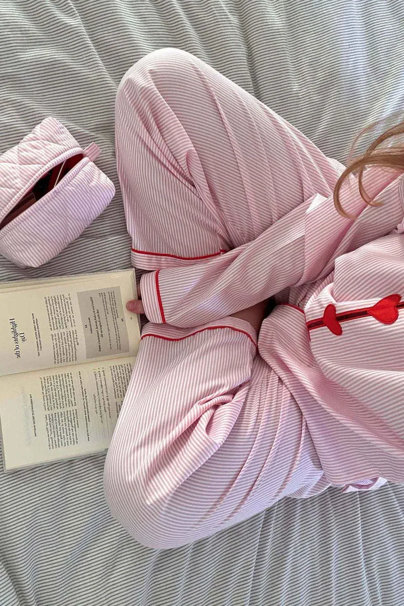 Ensemble de Pyjama Femme Deux Pièces Confortable à Motif Cœurs et Boutons
