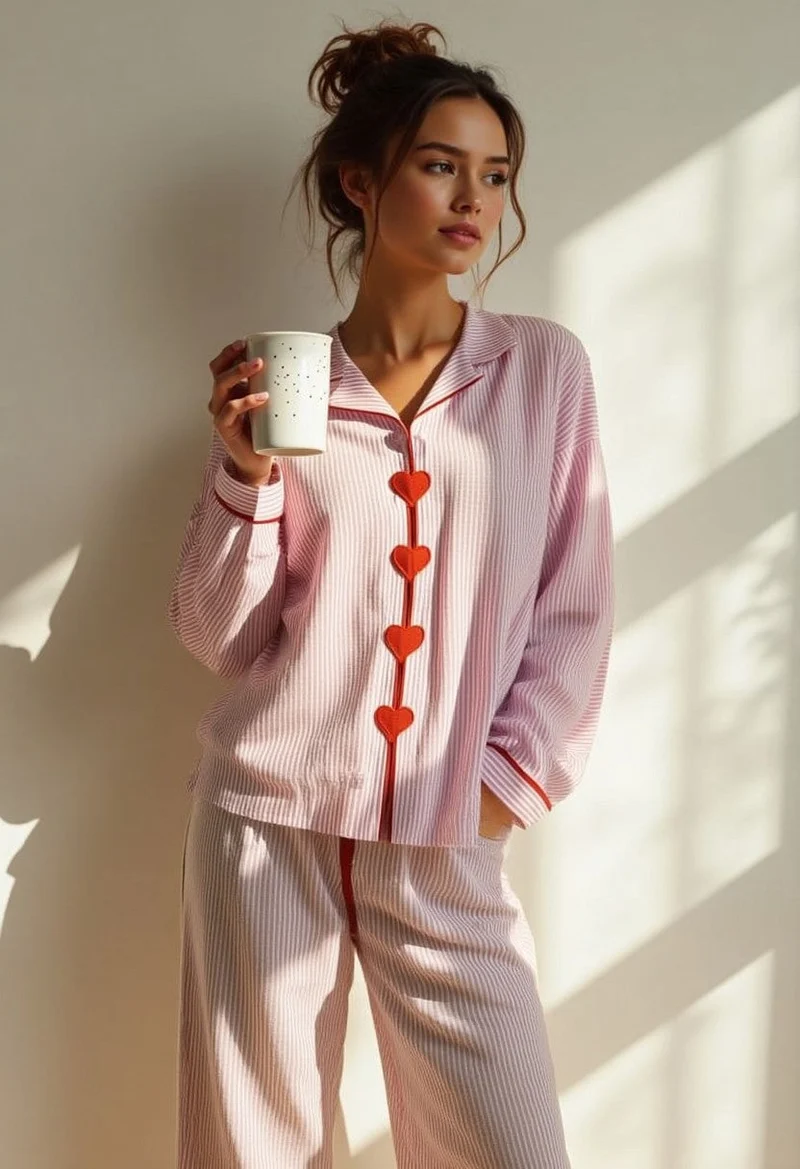 Ensemble de Pyjama Femme Deux Pièces Confortable à Motif Cœurs et Boutons