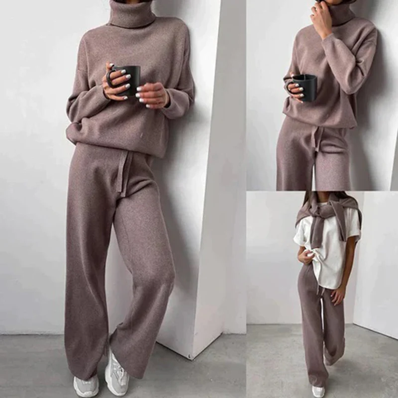 Ensemble Femme Pull Col Roulé & Pantalon en Tricot – Confort Élégant