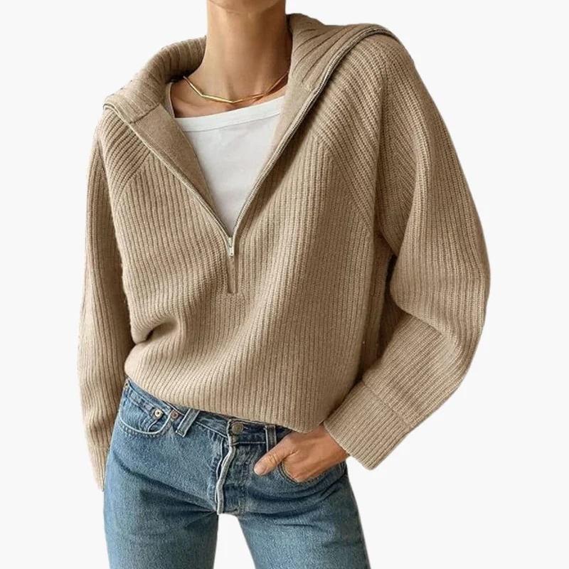 Pull Femme Demi-Zip en Maille Côtelée