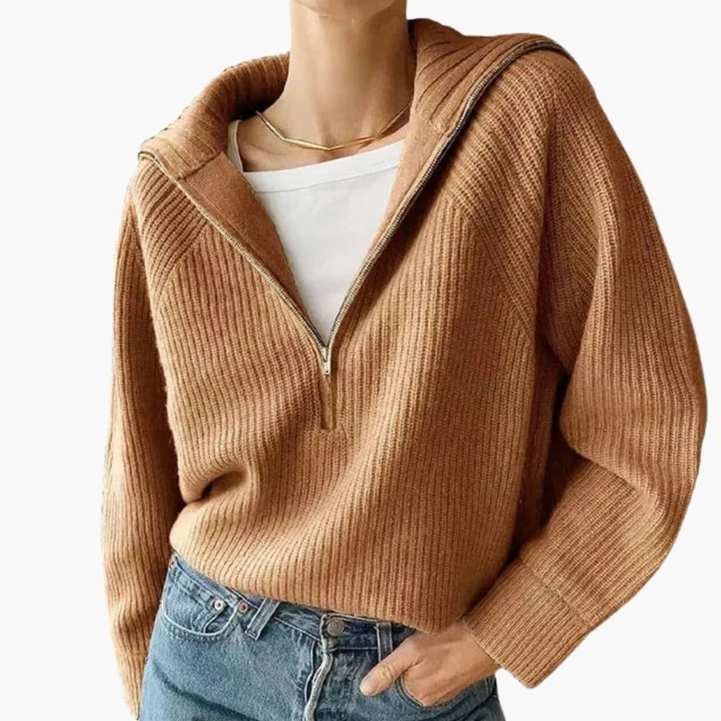 Pull Femme Demi-Zip en Maille Côtelée