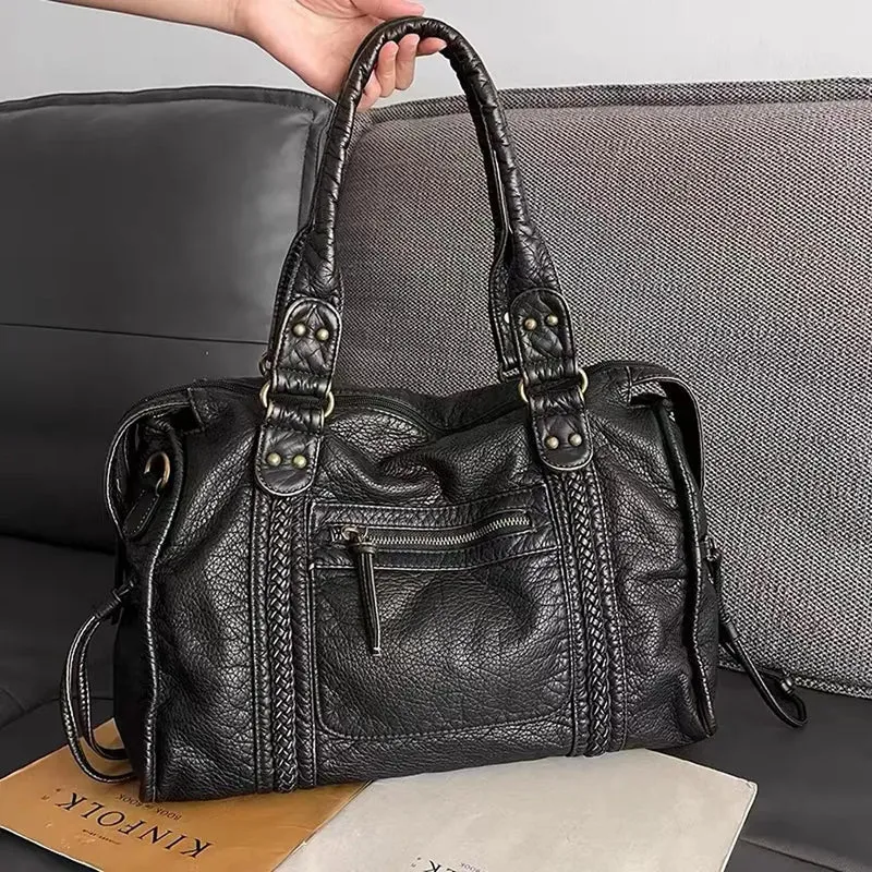 Sac à Main Femme en Cuir Noir avec Poches Zippées – Élégance Fonctionnelle