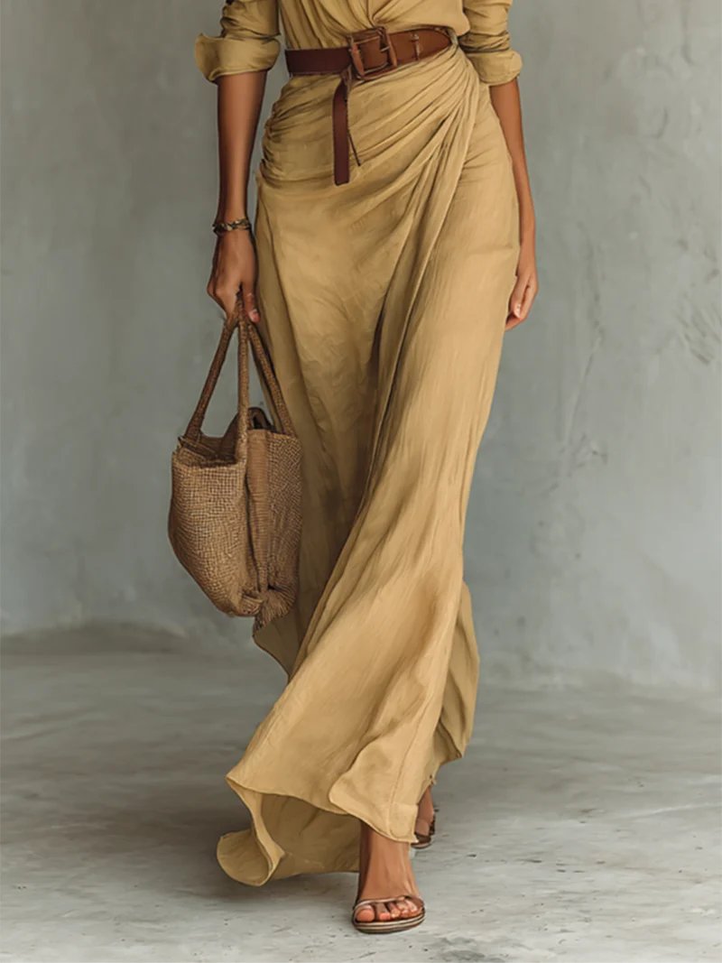 Robe Maxi Femme Ceinturée à Manches Longues avec Revers
