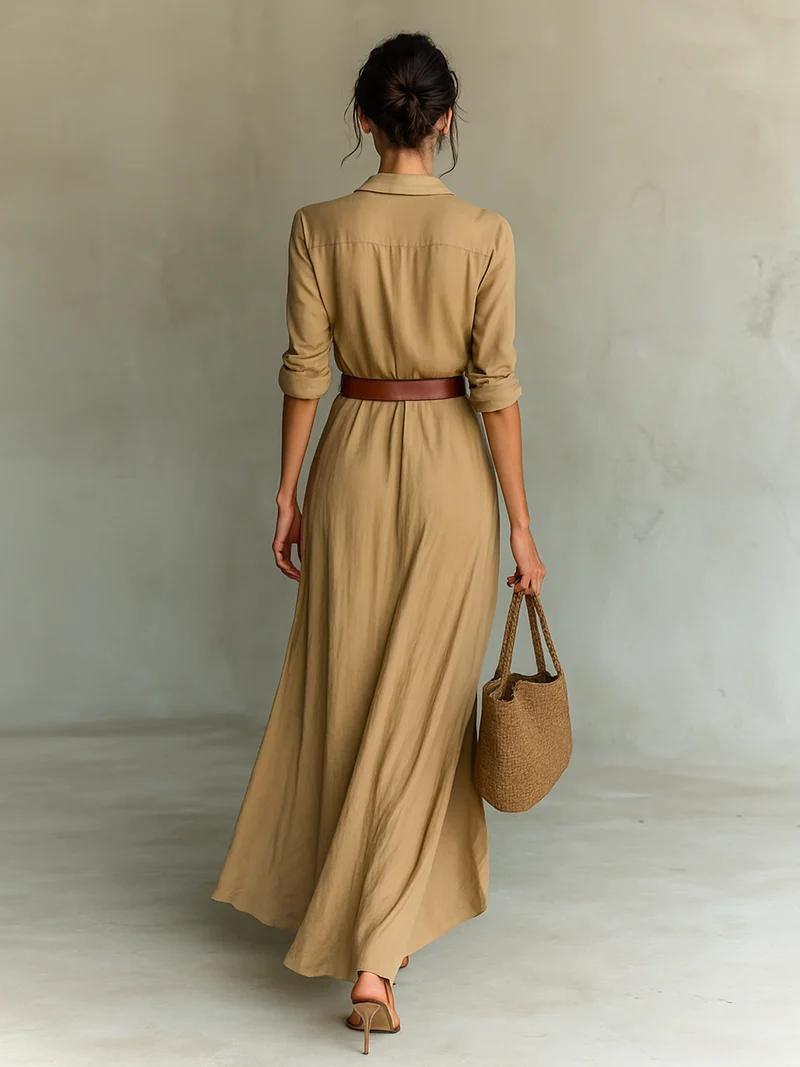 Robe Maxi Femme Ceinturée à Manches Longues avec Revers