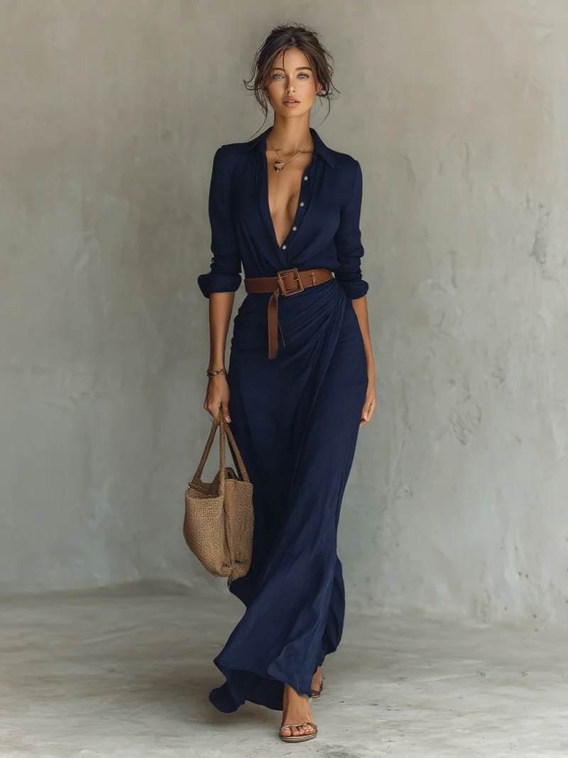 Robe Maxi Femme Ceinturée à Manches Longues avec Revers