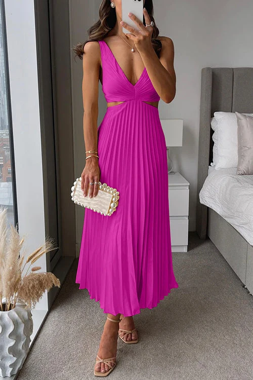 Élégante Robe Maxi Femme avec Encolure en V et Jupe Plissée