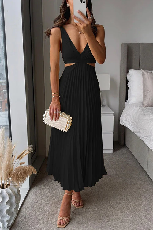 Élégante Robe Maxi Femme avec Encolure en V et Jupe Plissée