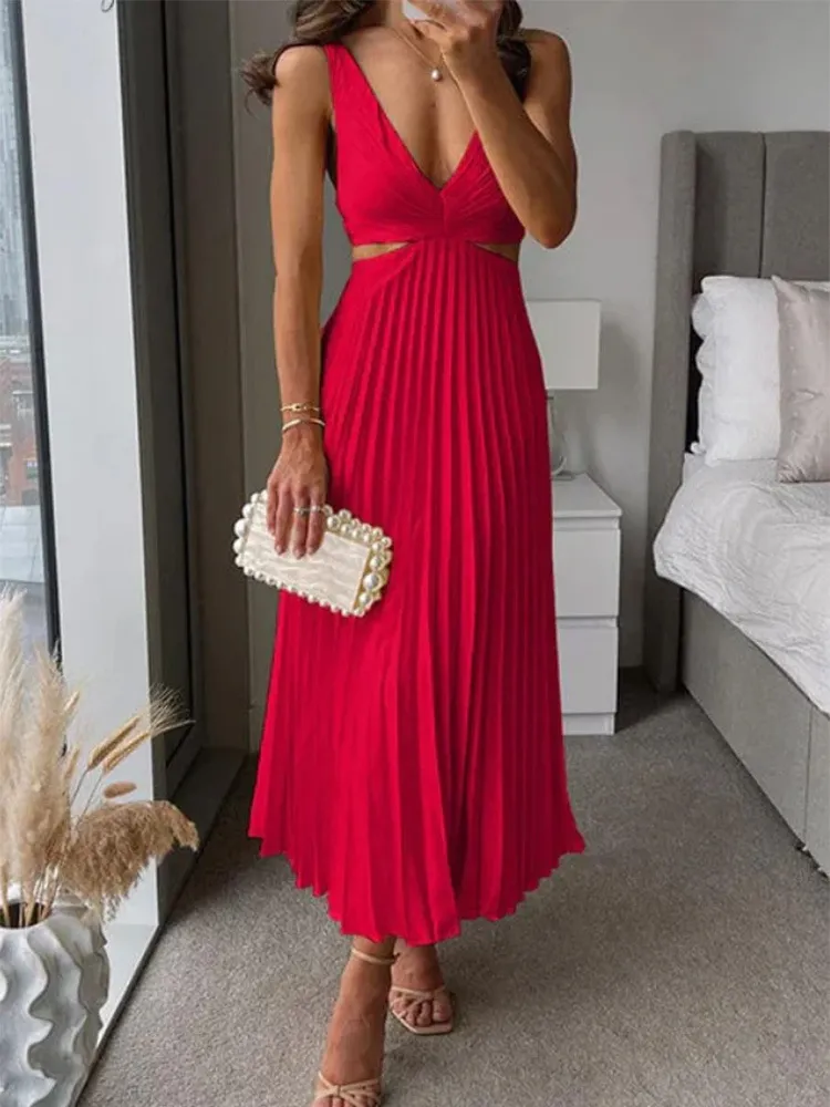 Élégante Robe Maxi Femme avec Encolure en V et Jupe Plissée