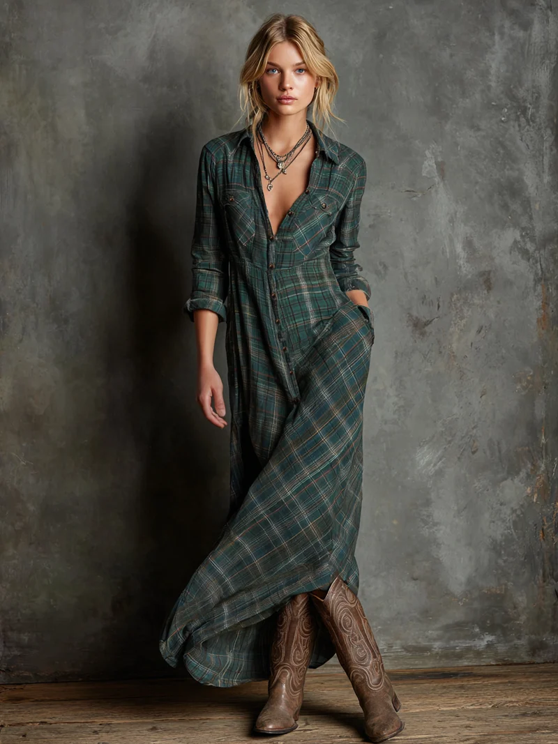 Robe Maxi à Carreaux pour Femmes avec Col Revers