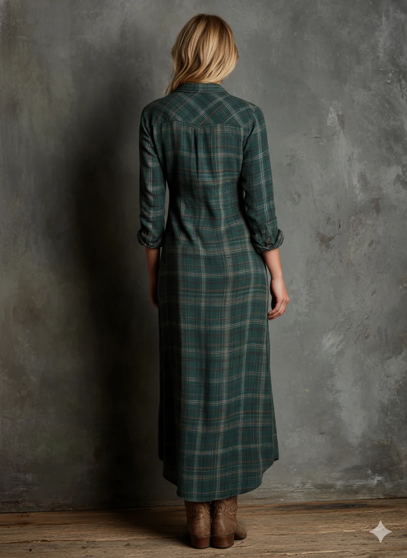 Robe Maxi à Carreaux pour Femmes avec Col Revers