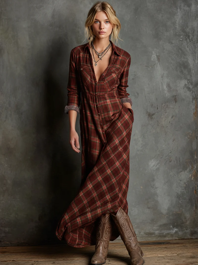 Robe Maxi à Carreaux pour Femmes avec Col Revers