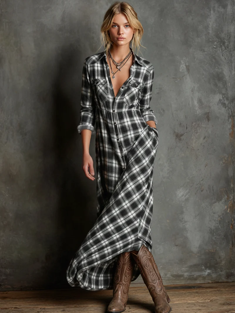 Robe Maxi à Carreaux pour Femmes avec Col Revers