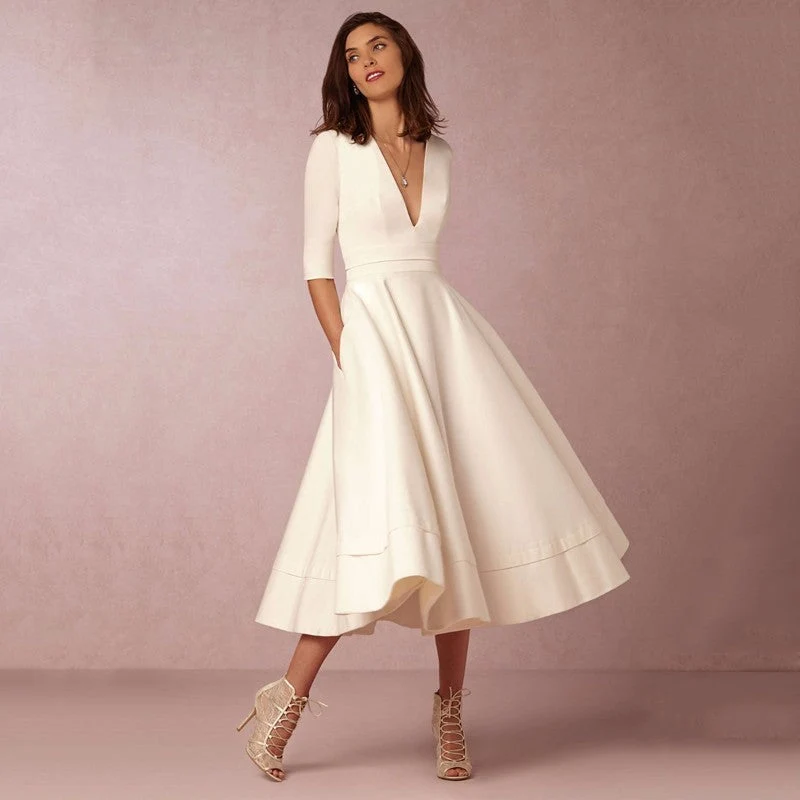 Robe miidi femme élégante – A-ligne, décolleté en V, manches 3/4