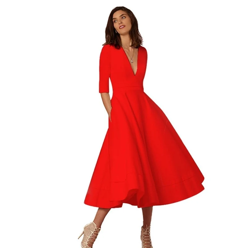 Robe miidi femme élégante – A-ligne, décolleté en V, manches 3/4