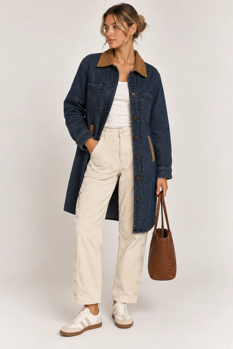 QUILTED DENIM JKT W/ SUEDE-RINSE