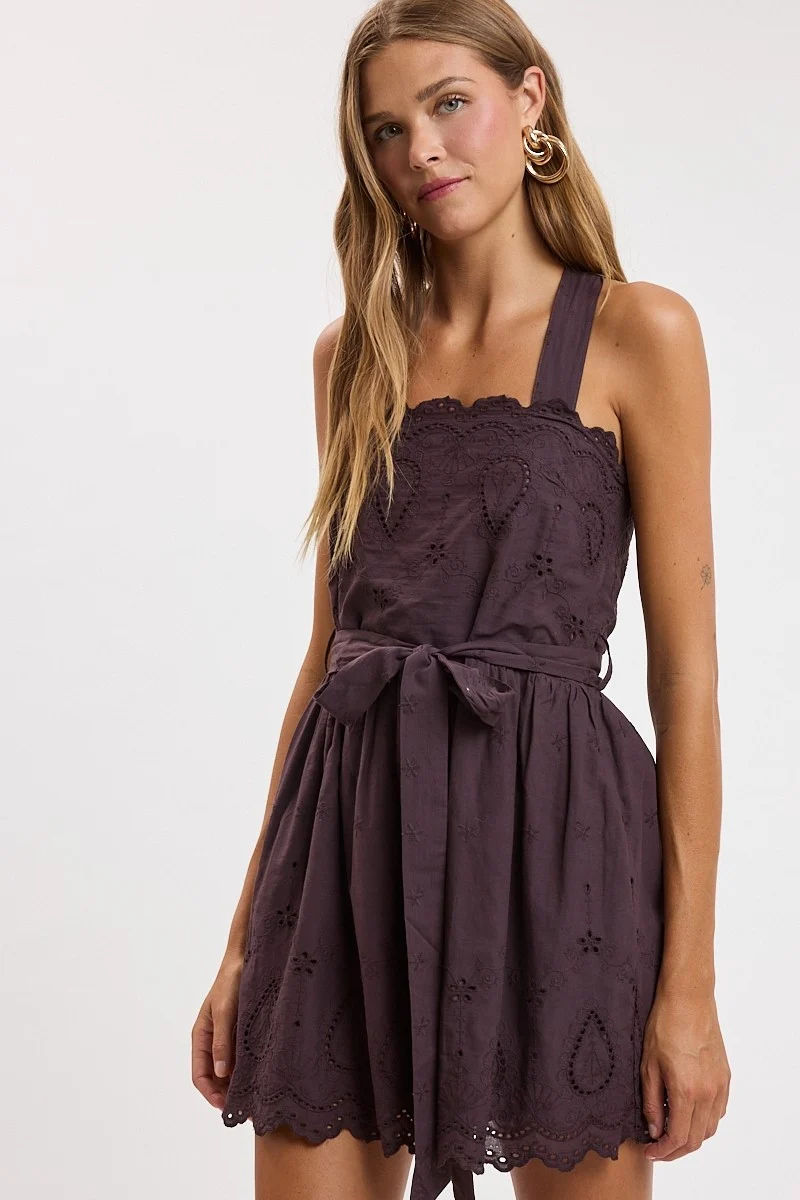 FUN IN BROWN Crossed Wide Strap Mini Dress
