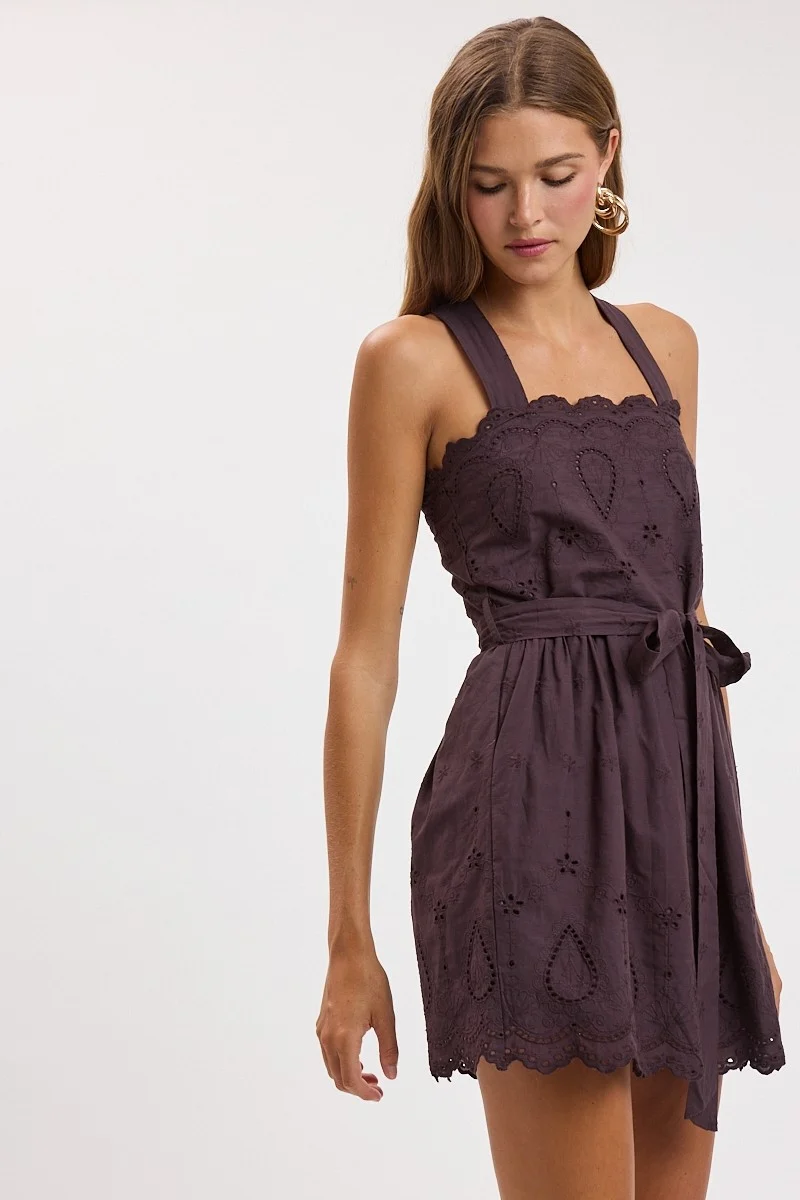 FUN IN BROWN Crossed Wide Strap Mini Dress