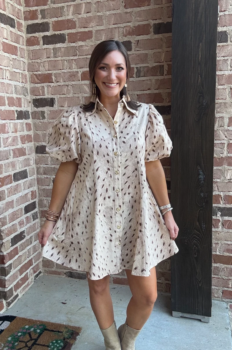 EVIE PRINTED PUFF SLEEVE DRESS : BEIGE/BROWN (LM-0127)