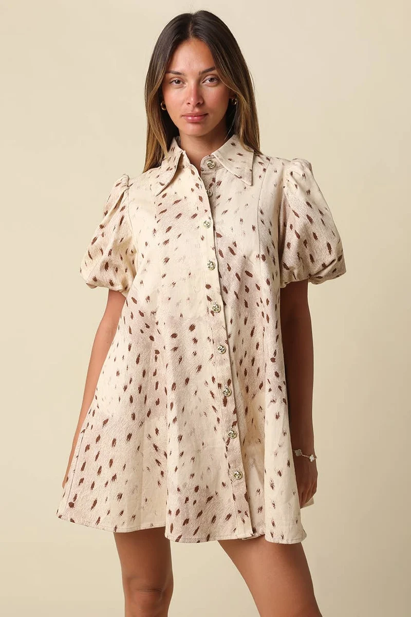 EVIE PRINTED PUFF SLEEVE DRESS : BEIGE/BROWN (LM-0127)