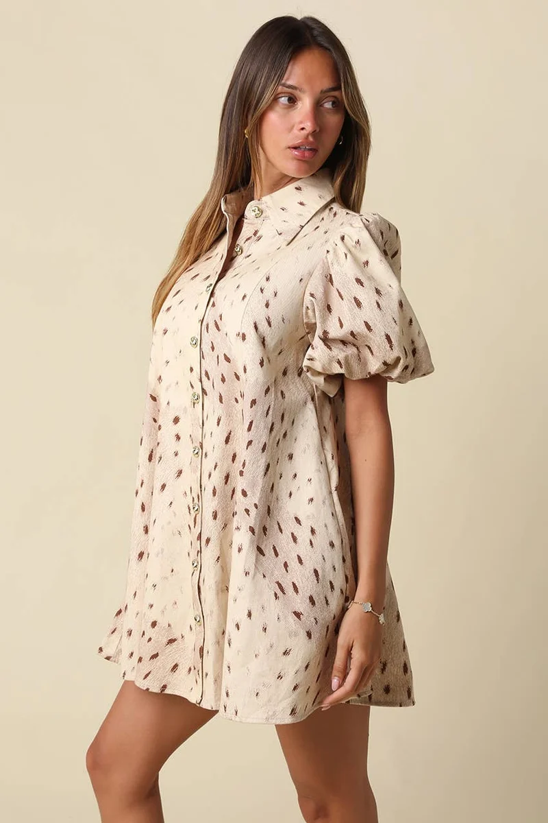 EVIE PRINTED PUFF SLEEVE DRESS : BEIGE/BROWN (LM-0127)