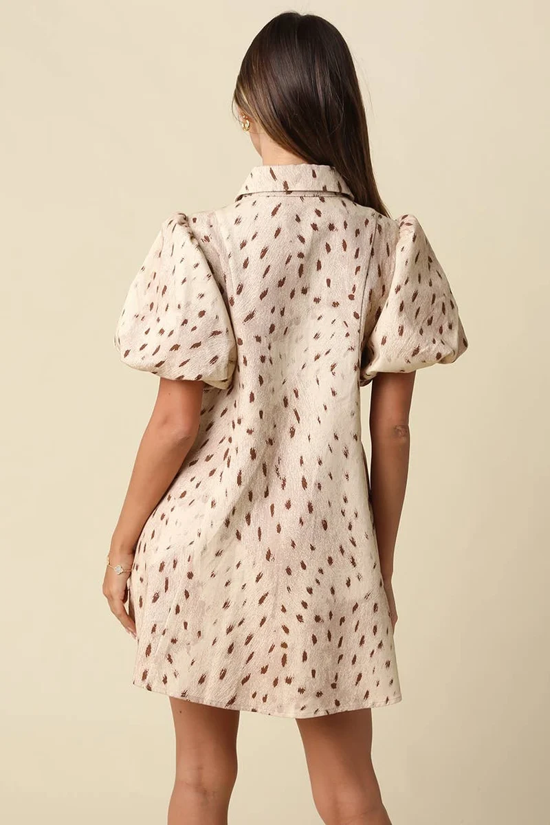 EVIE PRINTED PUFF SLEEVE DRESS : BEIGE/BROWN (LM-0127)