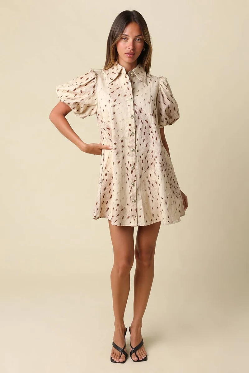 EVIE PRINTED PUFF SLEEVE DRESS : BEIGE/BROWN (LM-0127)