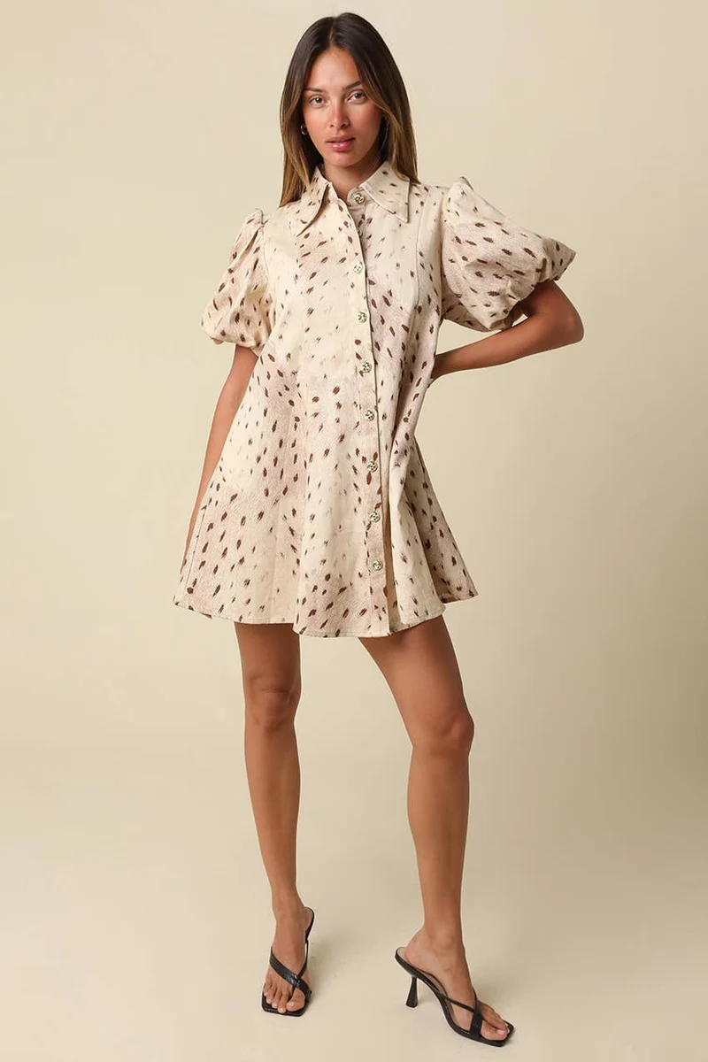 EVIE PRINTED PUFF SLEEVE DRESS : BEIGE/BROWN (LM-0127)