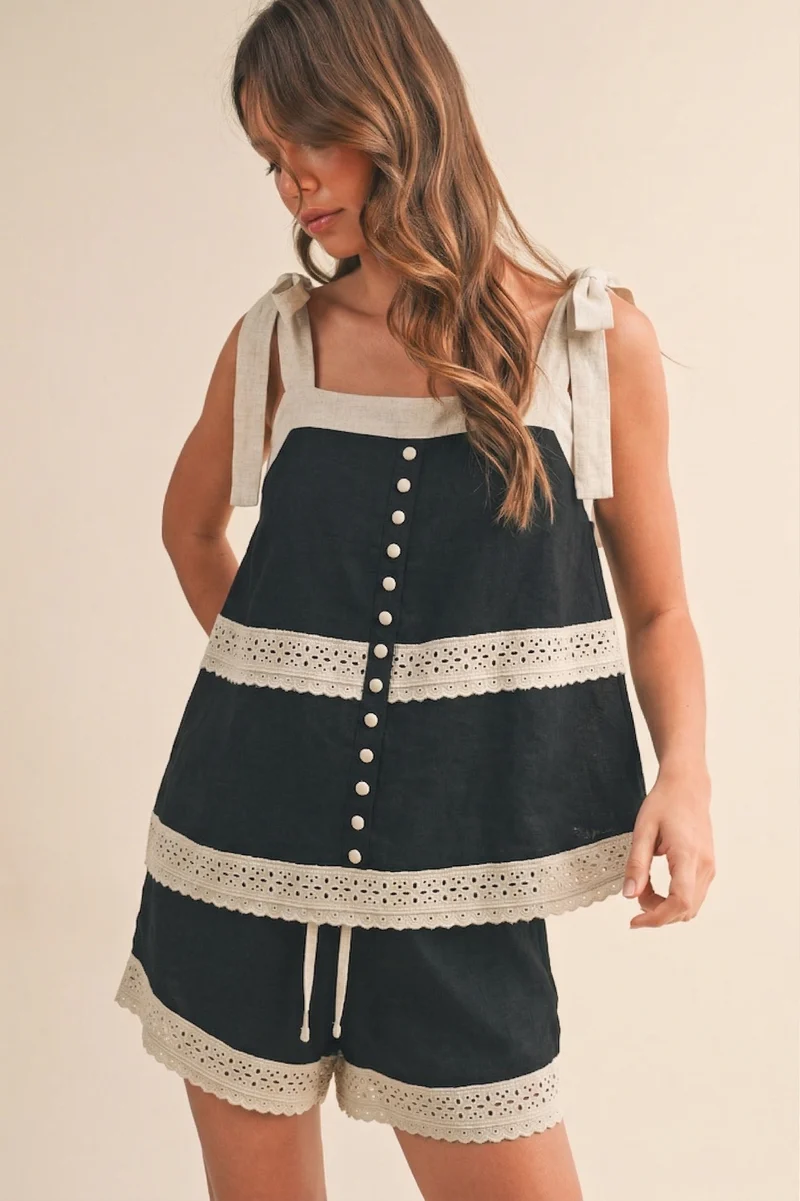 CONTRAST LACE BOW STRAP TOP AND SHORTS SET (LM-0007)