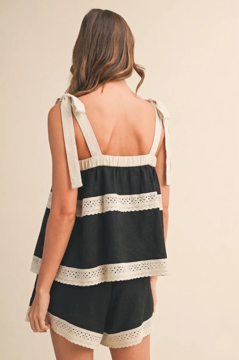 CONTRAST LACE BOW STRAP TOP AND SHORTS SET (LM-0007)