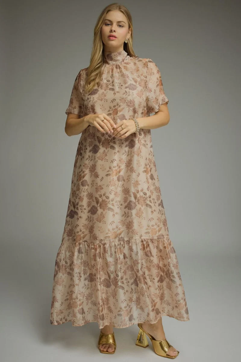 LORETTA TAUPE FLORAL MIDI (LM-0125)