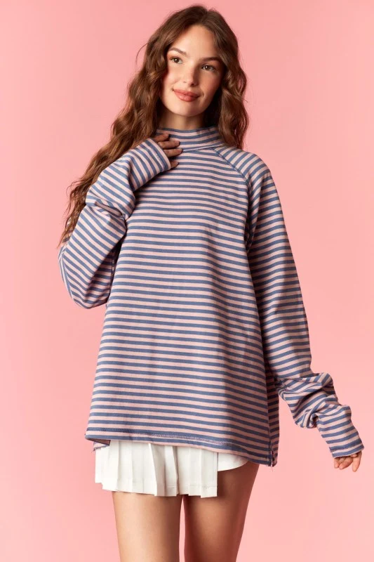 RAGLAND MOCK-NECK : DUSTY BLUE/BLUSH (LM-0114)