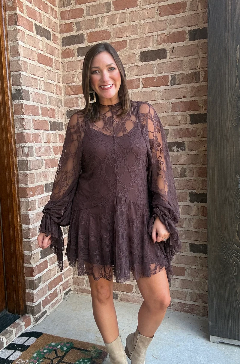 FLORAL LACE LAYERED MOCK NECK MINI : CHOCOLATE (LM-0110)