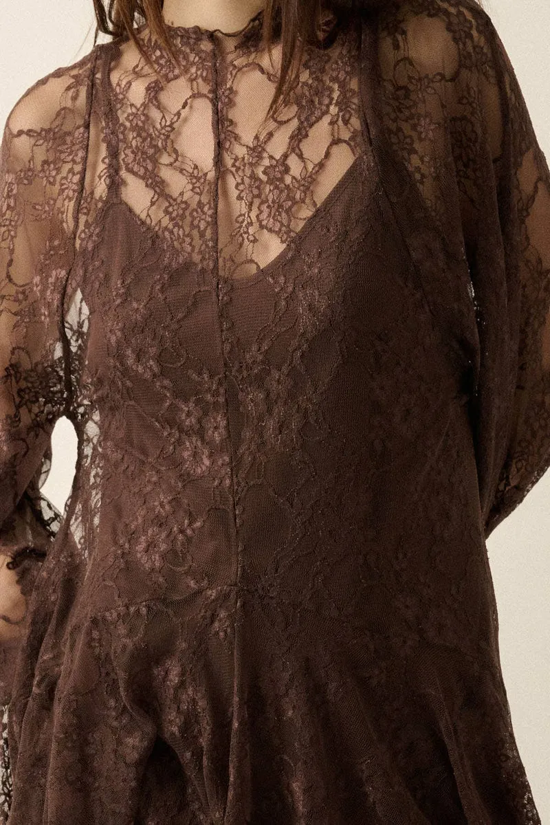 FLORAL LACE LAYERED MOCK NECK MINI : CHOCOLATE (LM-0110)