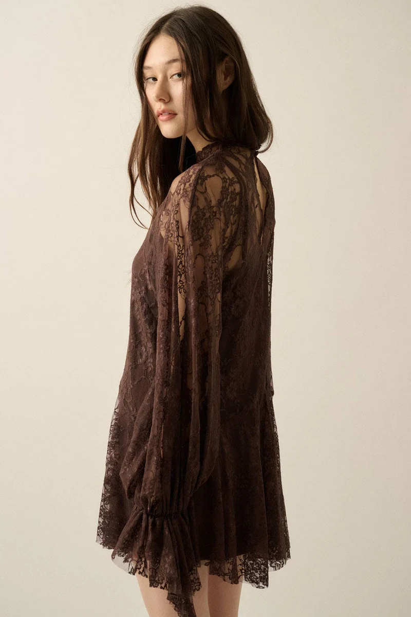 FLORAL LACE LAYERED MOCK NECK MINI : CHOCOLATE (LM-0110)