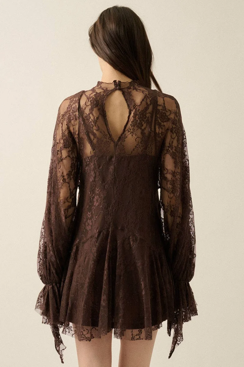 FLORAL LACE LAYERED MOCK NECK MINI : CHOCOLATE (LM-0110)
