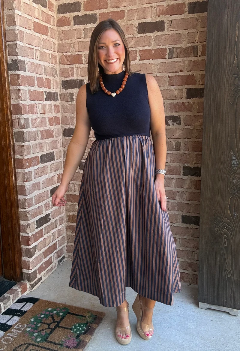 NAVY & TAN STRIPE SEEATER MIDI DRESS (LM-0103)
