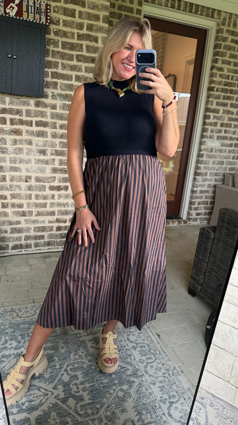 NAVY & TAN STRIPE SEEATER MIDI DRESS (LM-0103)