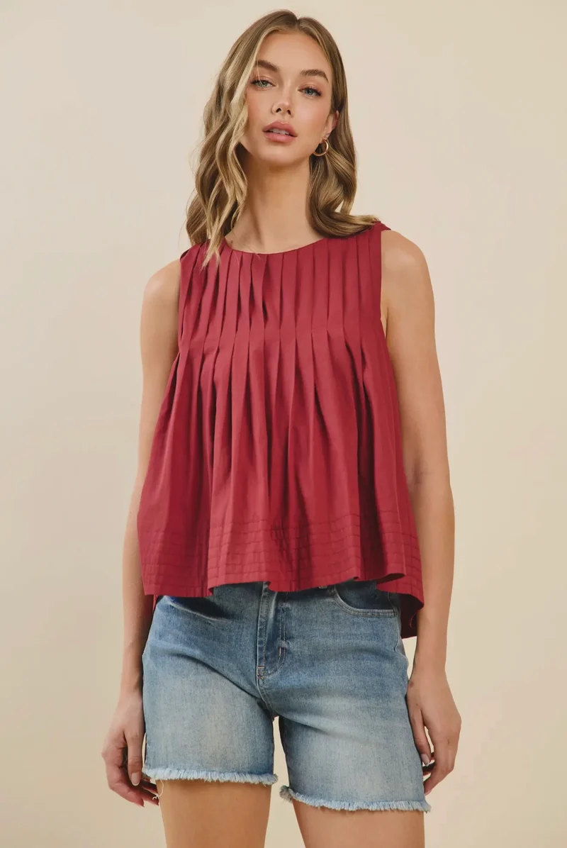 PLEATED HIGH LOW SLEEVELESS TOP - BURGUNDY (LM-0012)