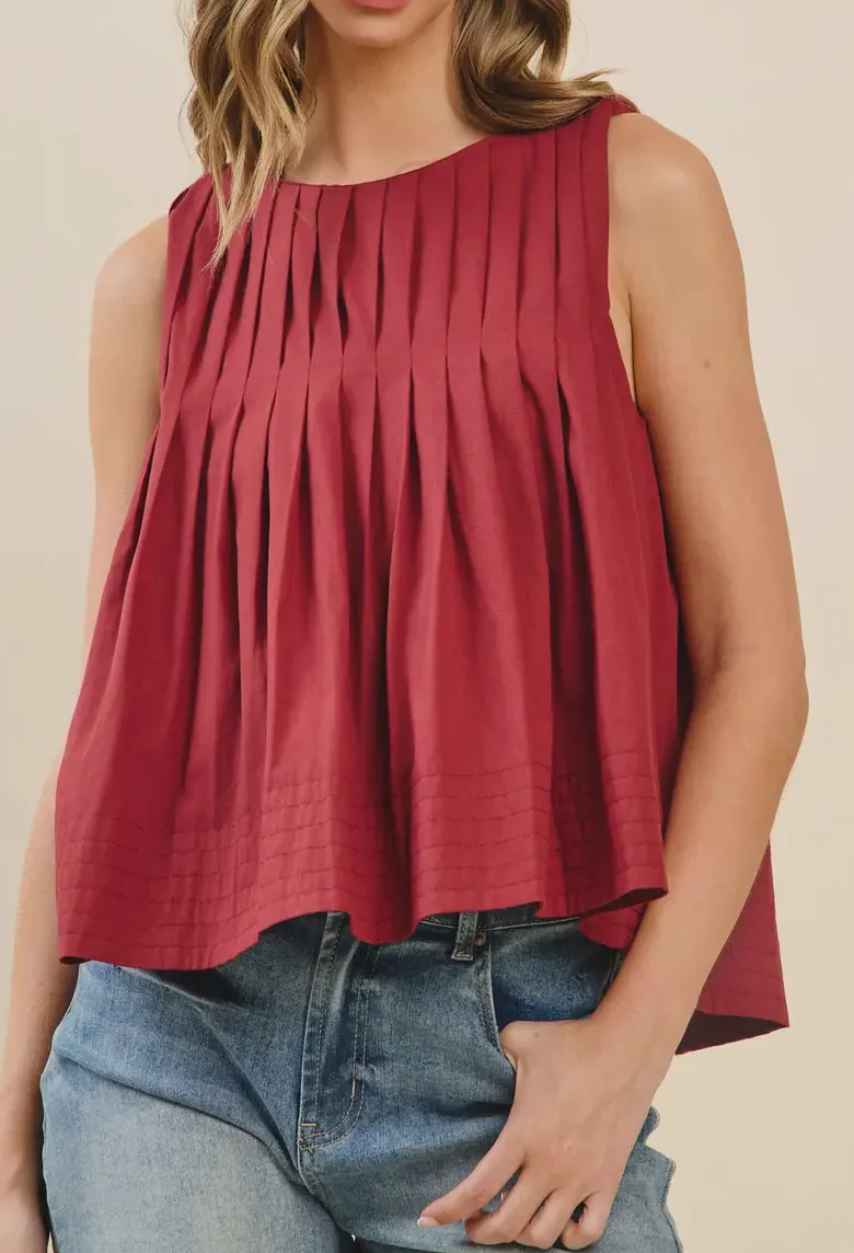 PLEATED HIGH LOW SLEEVELESS TOP - BURGUNDY (LM-0012)