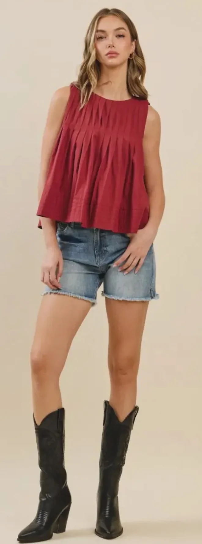 PLEATED HIGH LOW SLEEVELESS TOP - BURGUNDY (LM-0012)