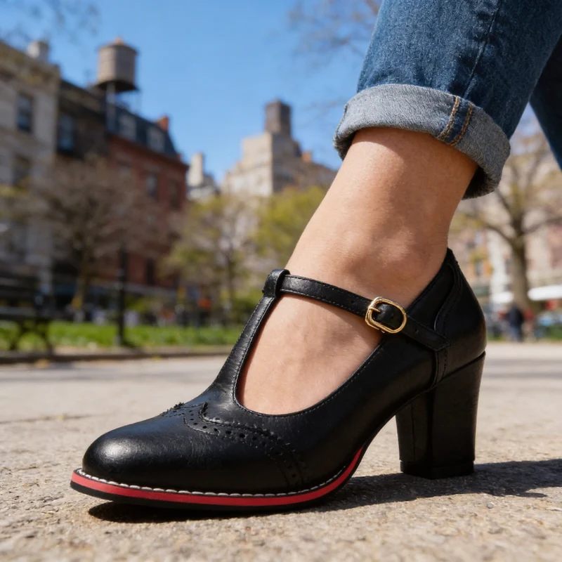 Mocassins Brogue T-Strap Abigail – Talon Bloc d’Inspiration Vintage