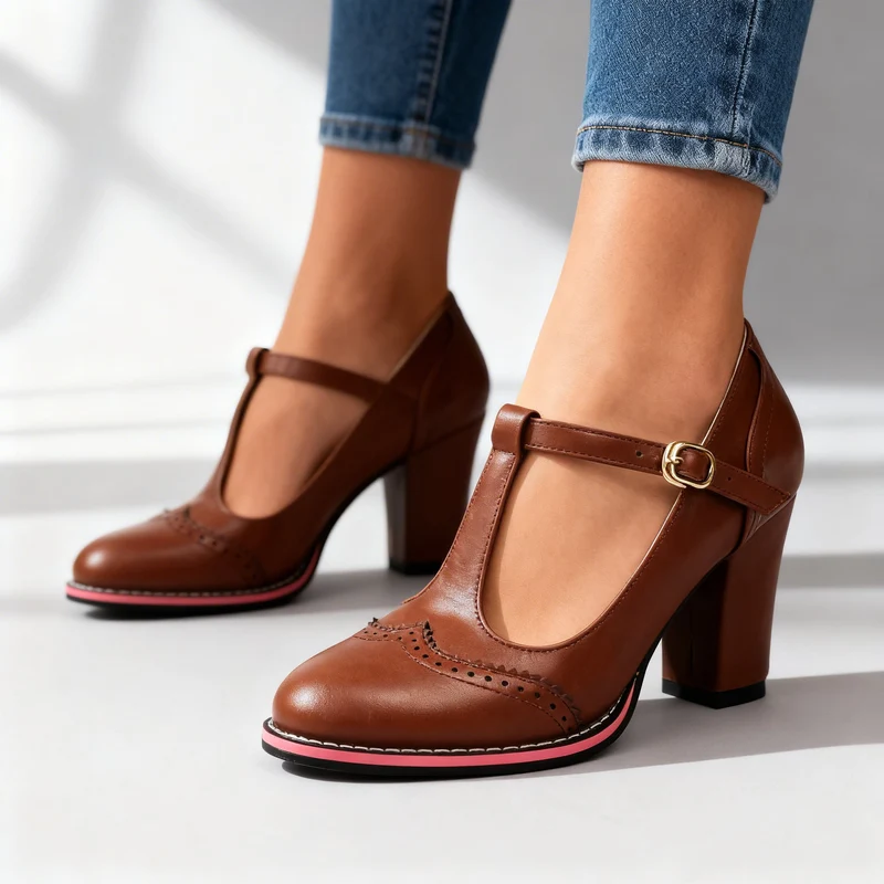 Mocassins Brogue T-Strap Abigail – Talon Bloc d’Inspiration Vintage