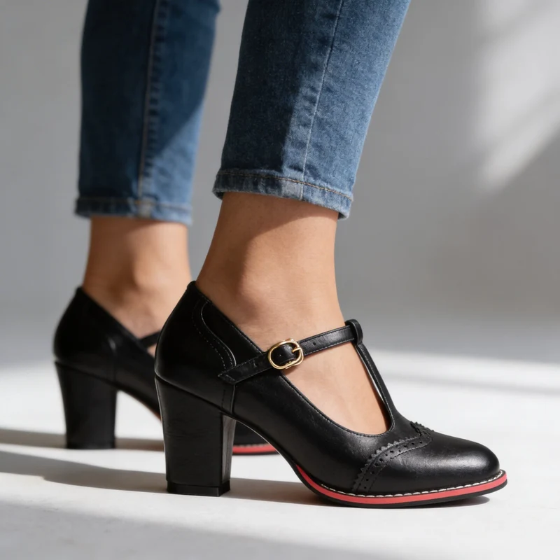 Mocassins Brogue T-Strap Abigail – Talon Bloc d’Inspiration Vintage
