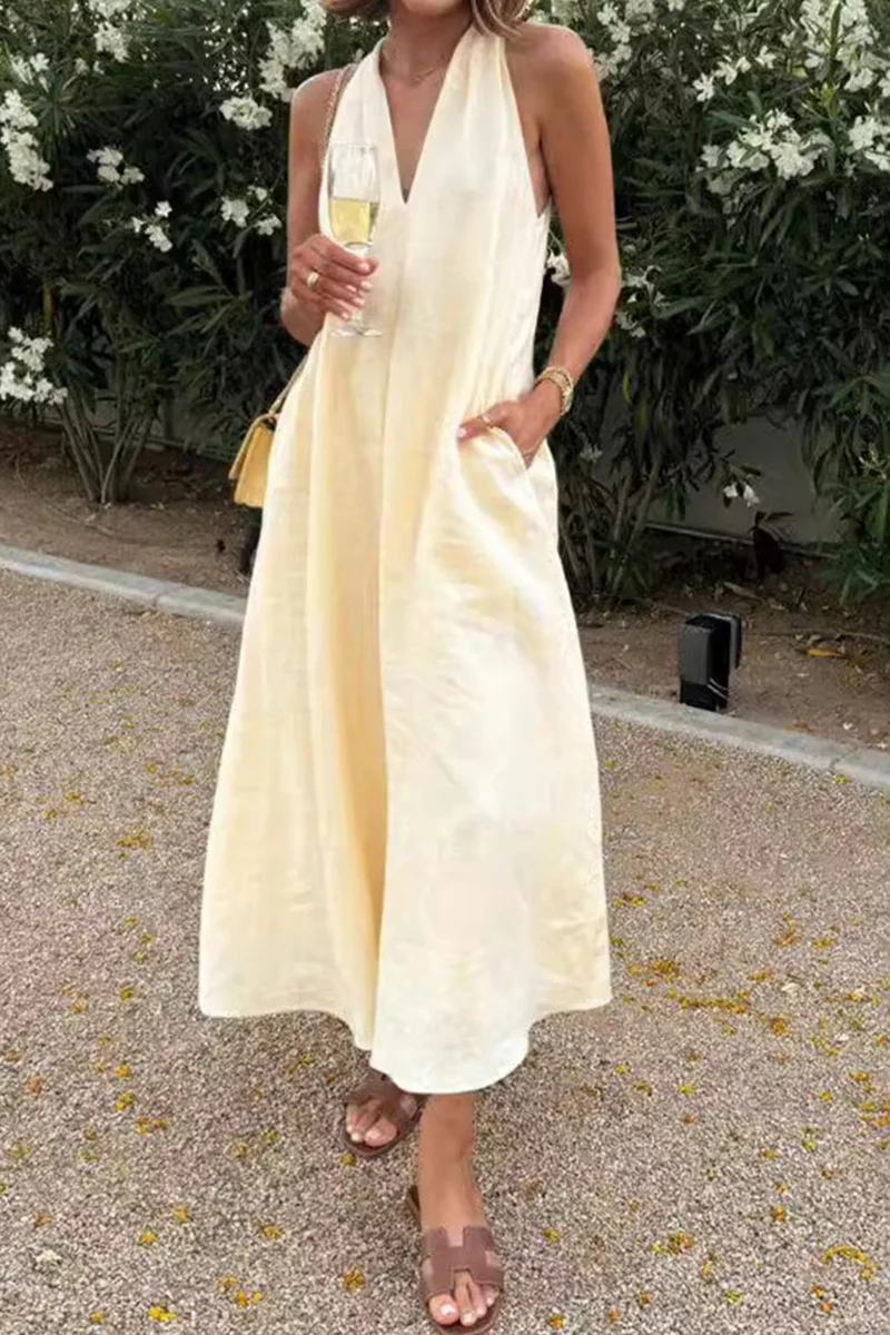 Robe Maxi Femme Sans Manches – Décolleté Halter avec Poches