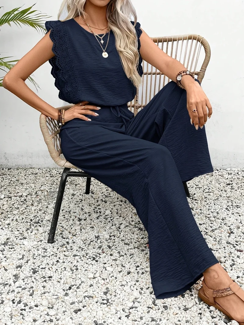 Ensemble Deux Pièces Femme – Haut à Manches Courtes avec Dentelle et Pantalon Large Taille Haute