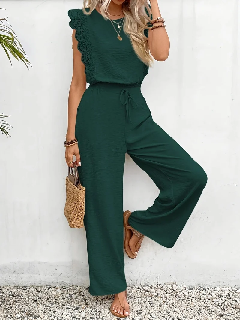 Ensemble Deux Pièces Femme – Haut à Manches Courtes avec Dentelle et Pantalon Large Taille Haute