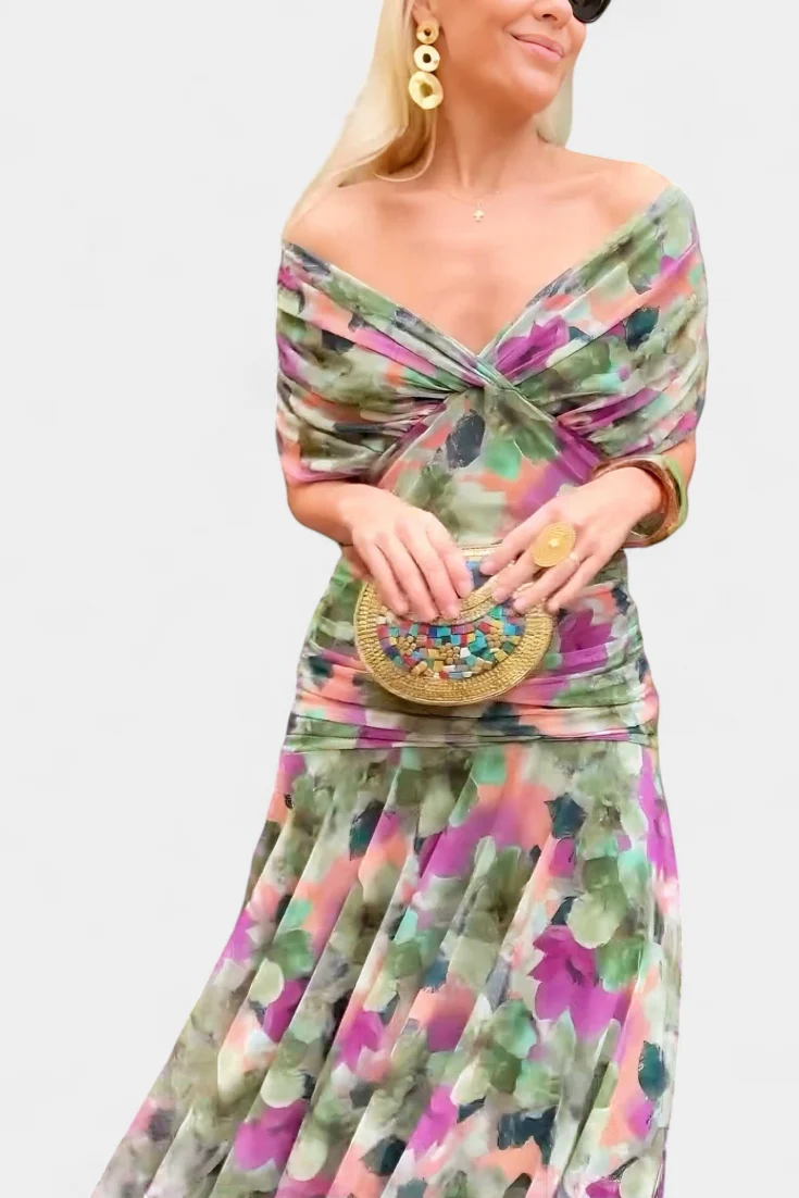 Robe longue à col en V et motif floral pour femme – Une tenue élégante et fluide